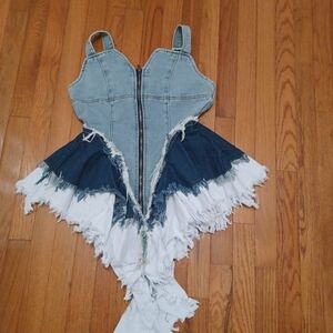 Denim Blue and White Distressed Top